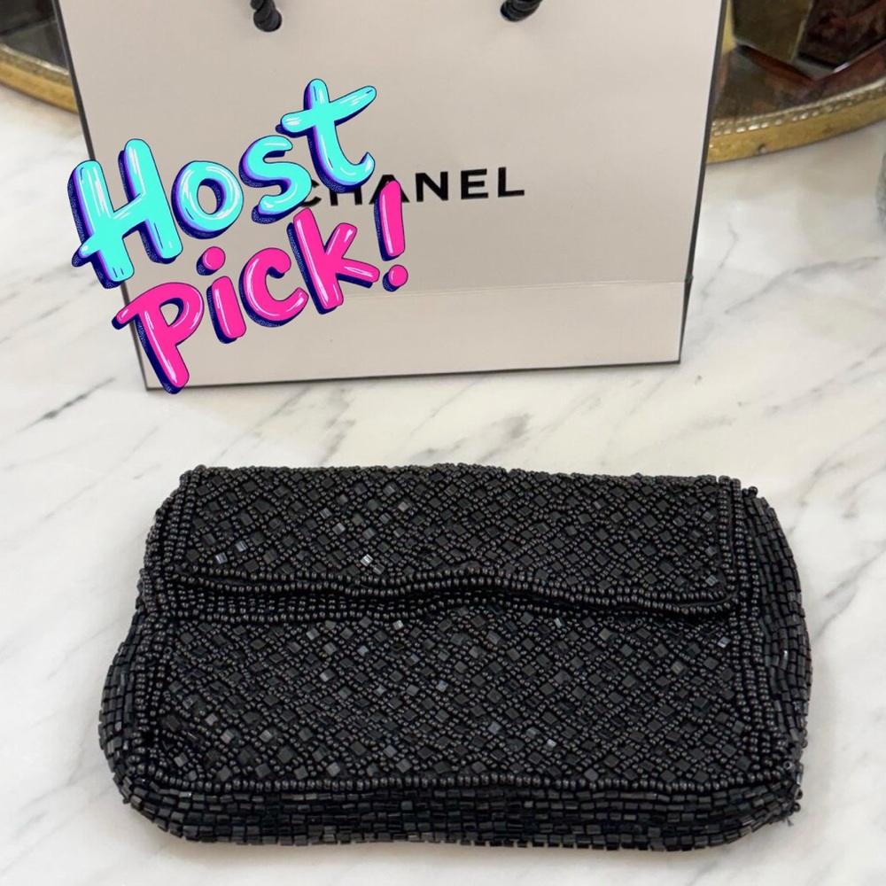 Vintage French Black Beaded Belt Bag with Chanel Gift Bag 5" X 3.5" - Picture 4 of 17